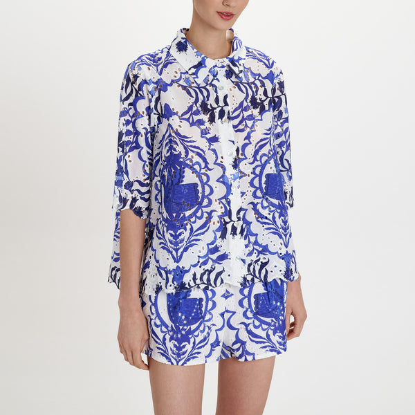 PEARL & CAVIAR Portaria Broderie Shirt in Blue