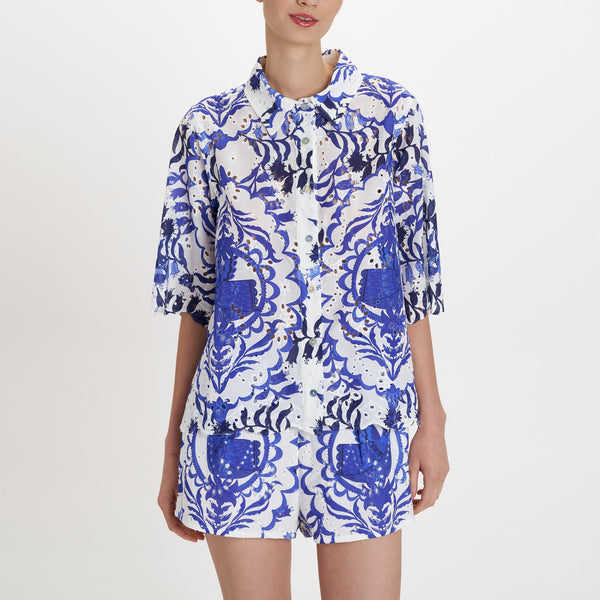 PEARL & CAVIAR Portaria Broderie Shirt in Blue