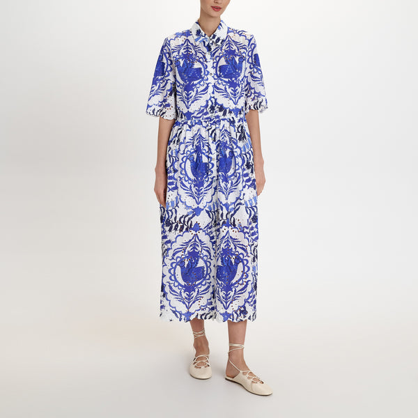PEARL & CAVIAR Portaria Broderie Shirt Dress in Blue