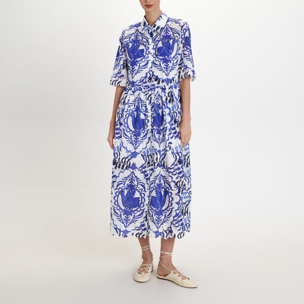 PEARL & CAVIAR Portaria Broderie Shirt Dress in Blue