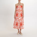 PEARL & CAVIAR Portaria Broderie Midi Dress in Coral