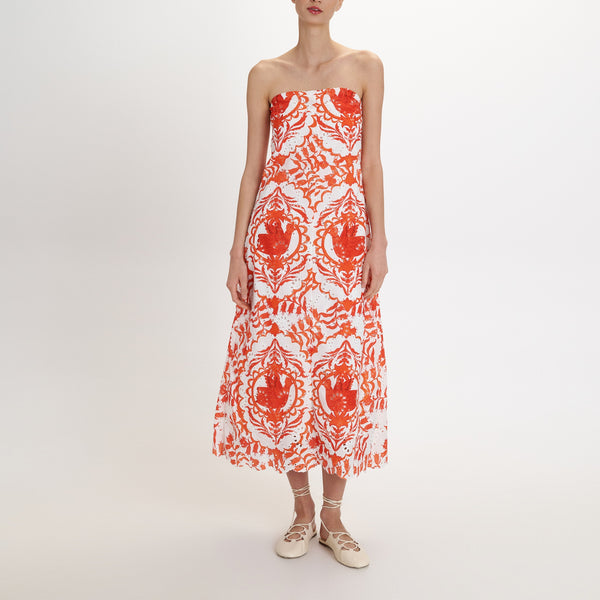 PEARL & CAVIAR Portaria Broderie Midi Dress in Coral