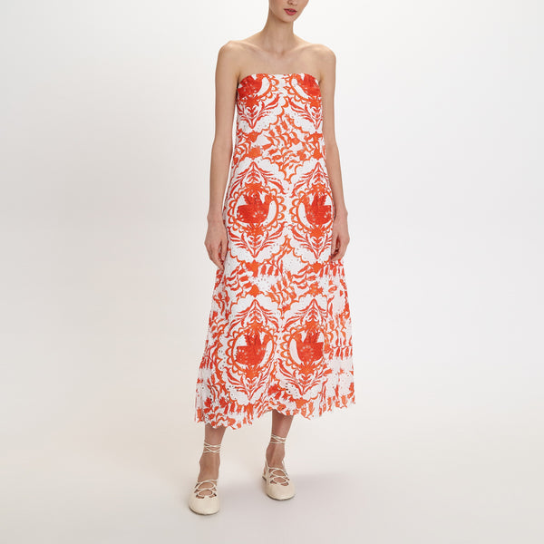 PEARL & CAVIAR Portaria Broderie Midi Dress in Coral