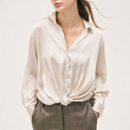 ROSSO35 Silk Shirt with Waist Knot in Oatmeal
