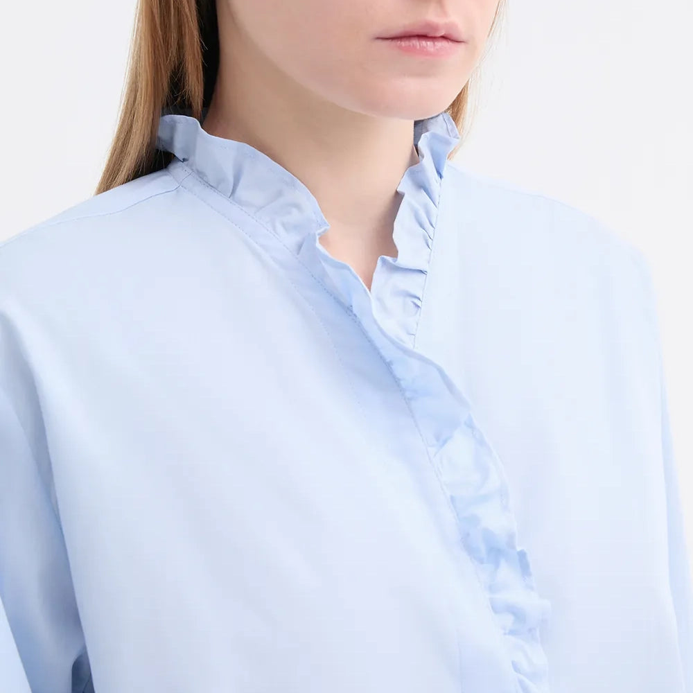 ROSSO35 Ruffle Cotton Shirt in Light Blue