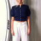 COLORUSH Baja Bliss Puff Cashmere Button Top in Navy
