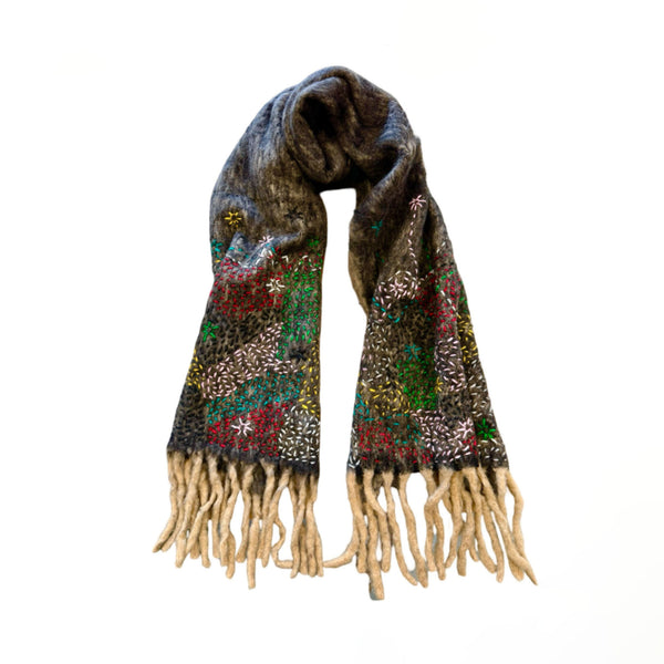 DE SIENA Scotty Embroidered Scarf in Dark Grey
