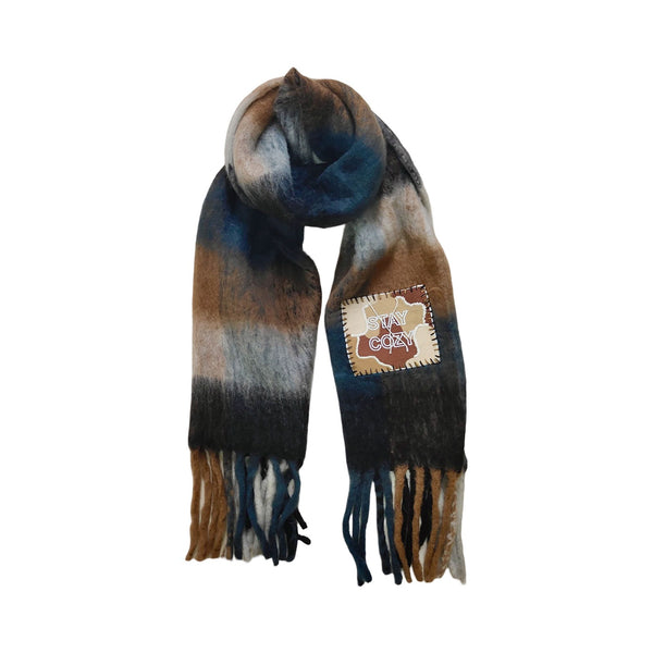 DE SIENA Vostok Embroidered Scarf with Patch in Black/Camel