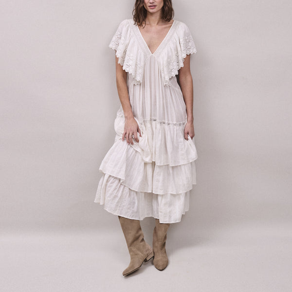 FAUNE Seville Cotton Lurex Dobby Stripe Dress in Vintage White
