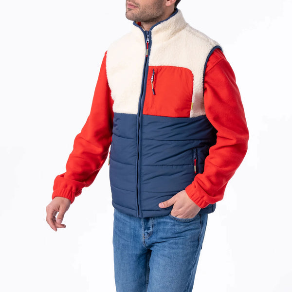 BILLYBELT Sleeveless Two-Fabric Sherpa Jacket in Ivory and Navy