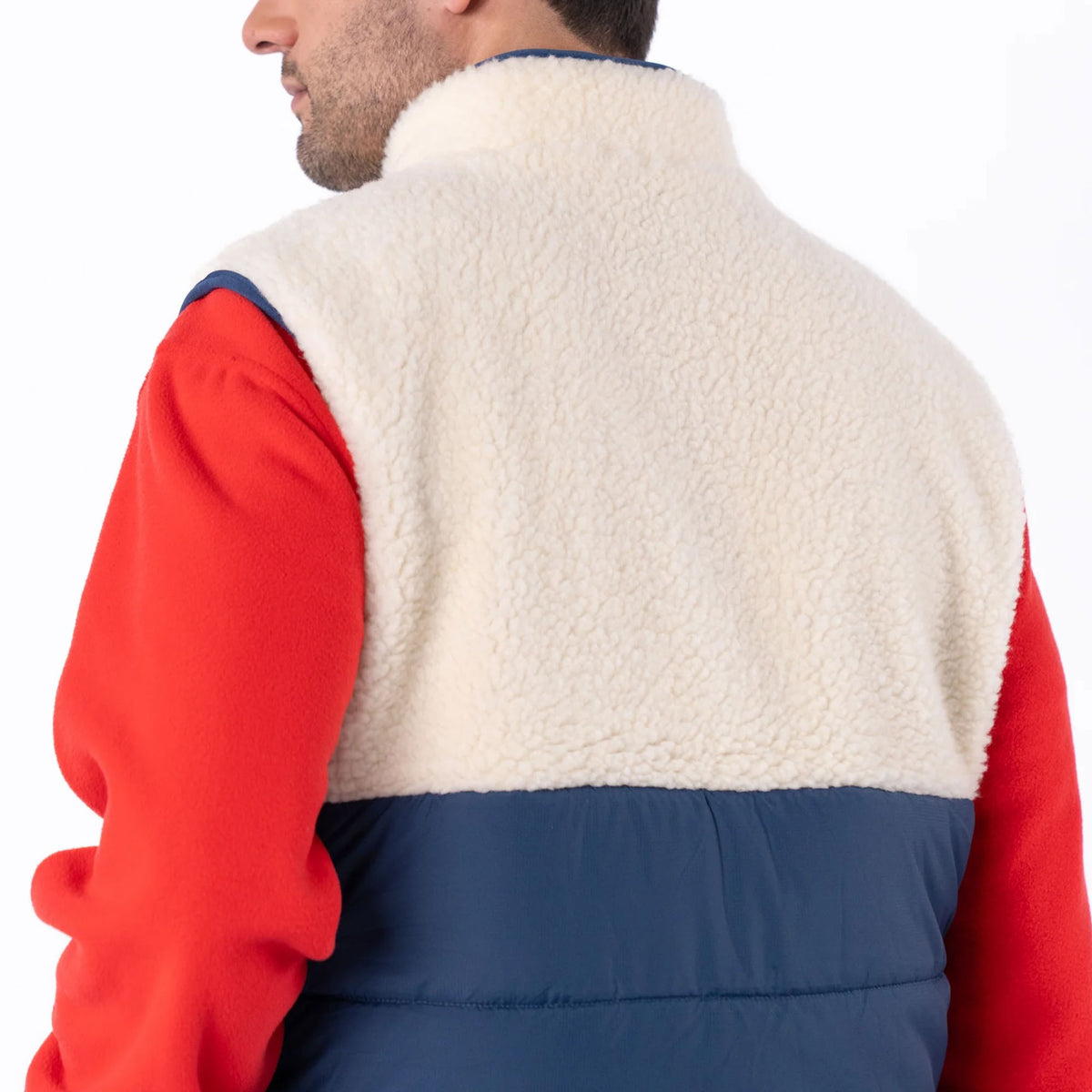 BILLYBELT Sleeveless Two-Fabric Sherpa Jacket in Ivory and Navy