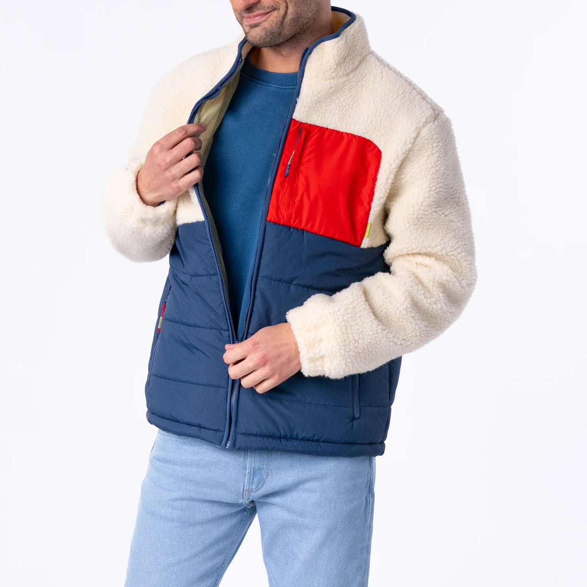 BILLYBELT Two-Fabric Sherpa Jacket in Ivory and Navy