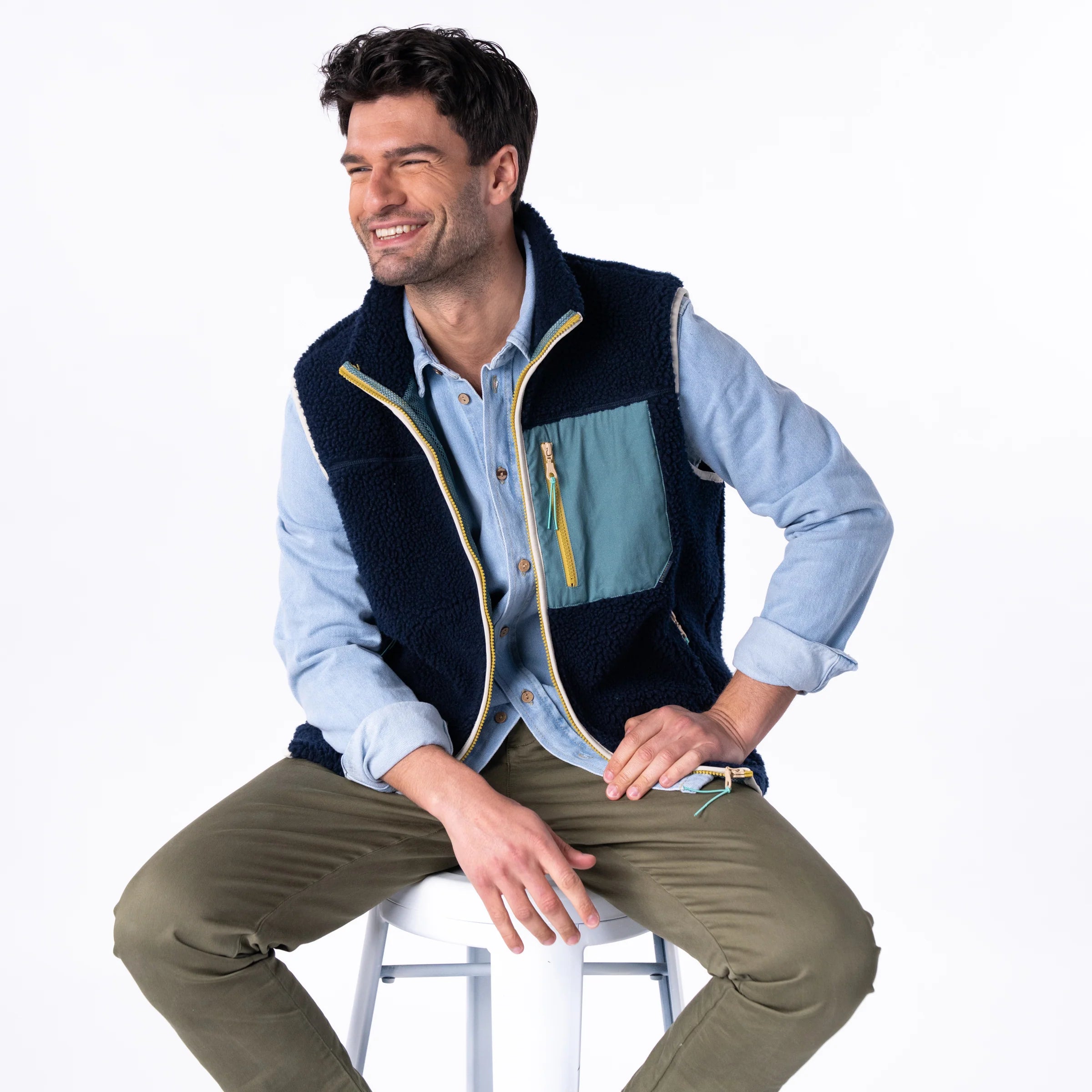 BILLYBELT Sleeveless Sherpa Gilet Jacket in Navy/Green