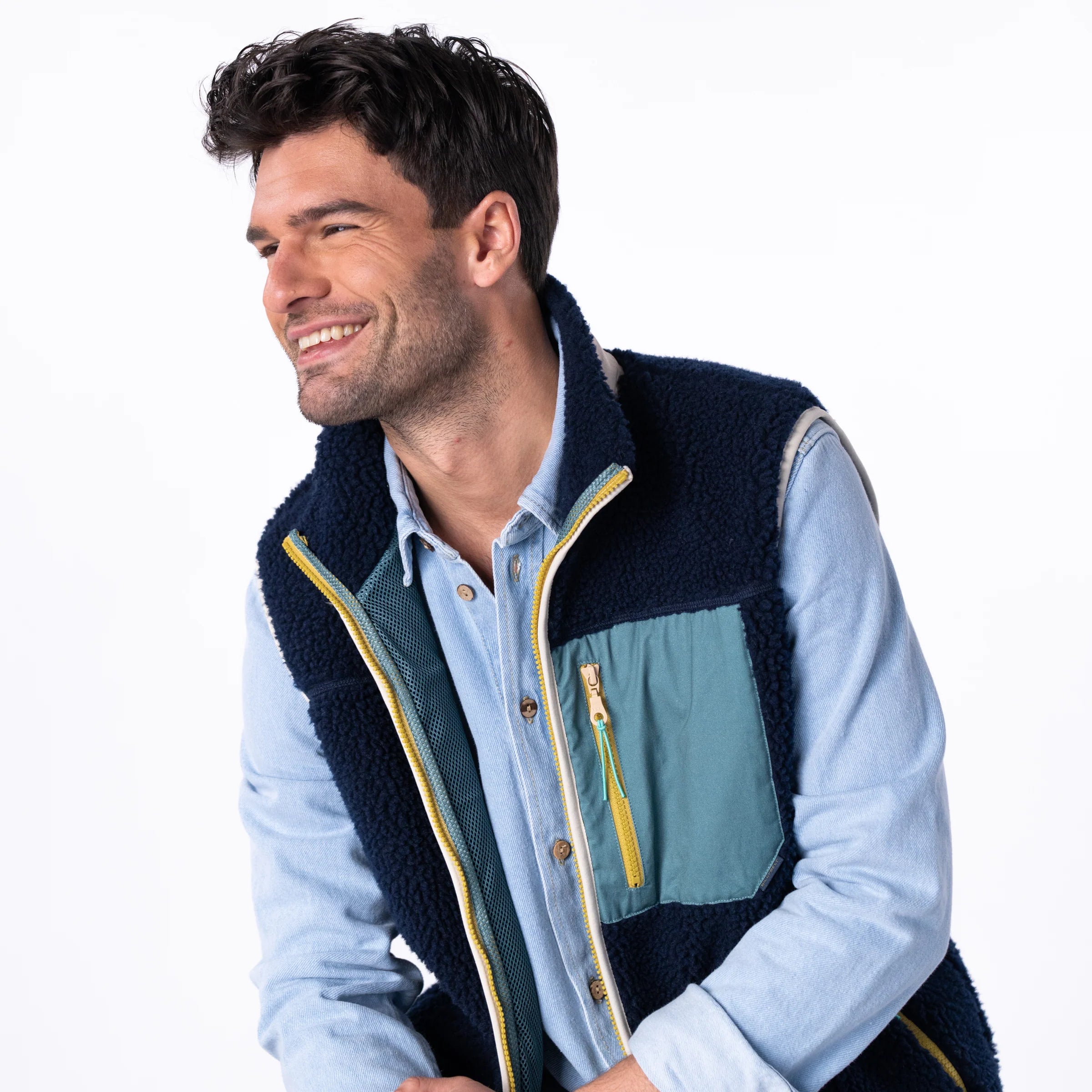 BILLYBELT Sleeveless Sherpa Gilet Jacket in Navy/Green