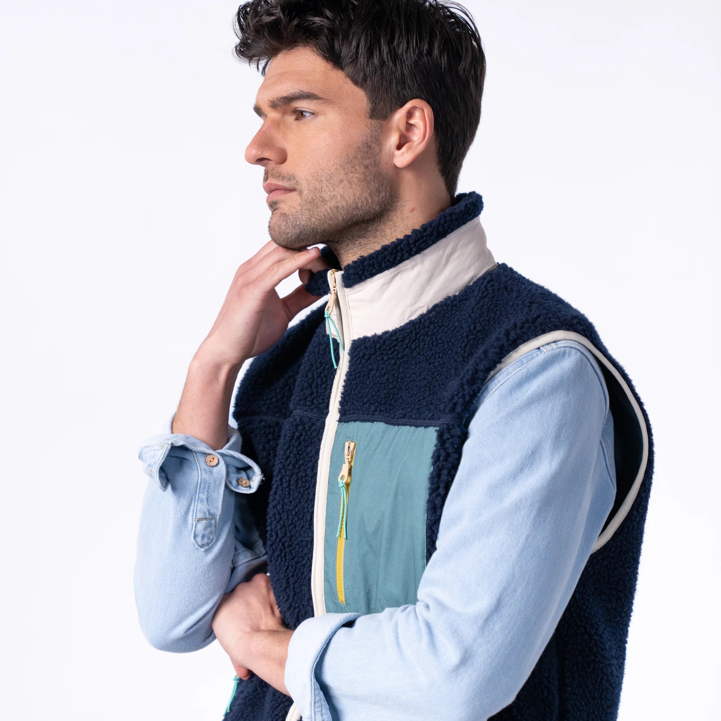 BILLYBELT Sleeveless Sherpa Gilet Jacket in Navy/Green