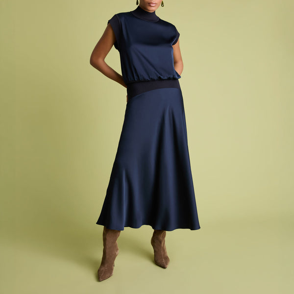 FLORERE Satin Midi Skirt with Knit Rib Waistband in Navy