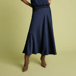 FLORERE Satin Midi Skirt with Knit Rib Waistband in Navy