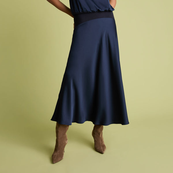 FLORERE Satin Midi Skirt with Knit Rib Waistband in Navy