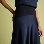 FLORERE Satin Midi Skirt with Knit Rib Waistband in Navy