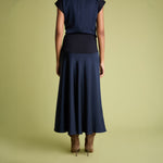 FLORERE Satin Midi Skirt with Knit Rib Waistband in Navy