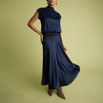 FLORERE Satin Midi Skirt with Knit Rib Waistband in Navy