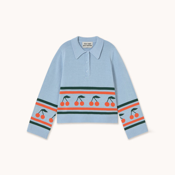 THE TINY BIG SISTER Chloe Cherries Polo Sweater in Blue