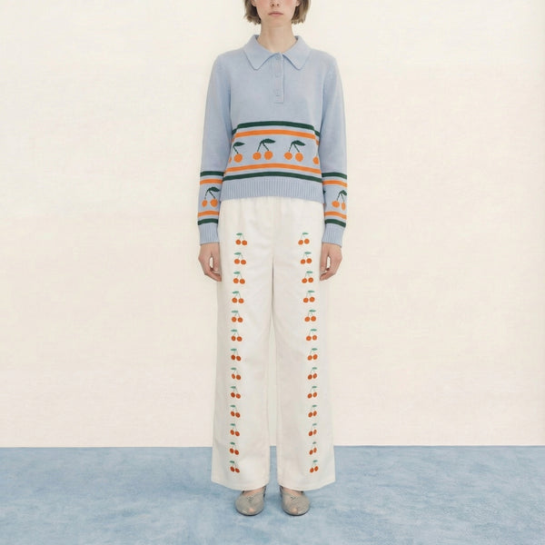 THE TINY BIG SISTER Chloe Cherries Polo Sweater in Blue