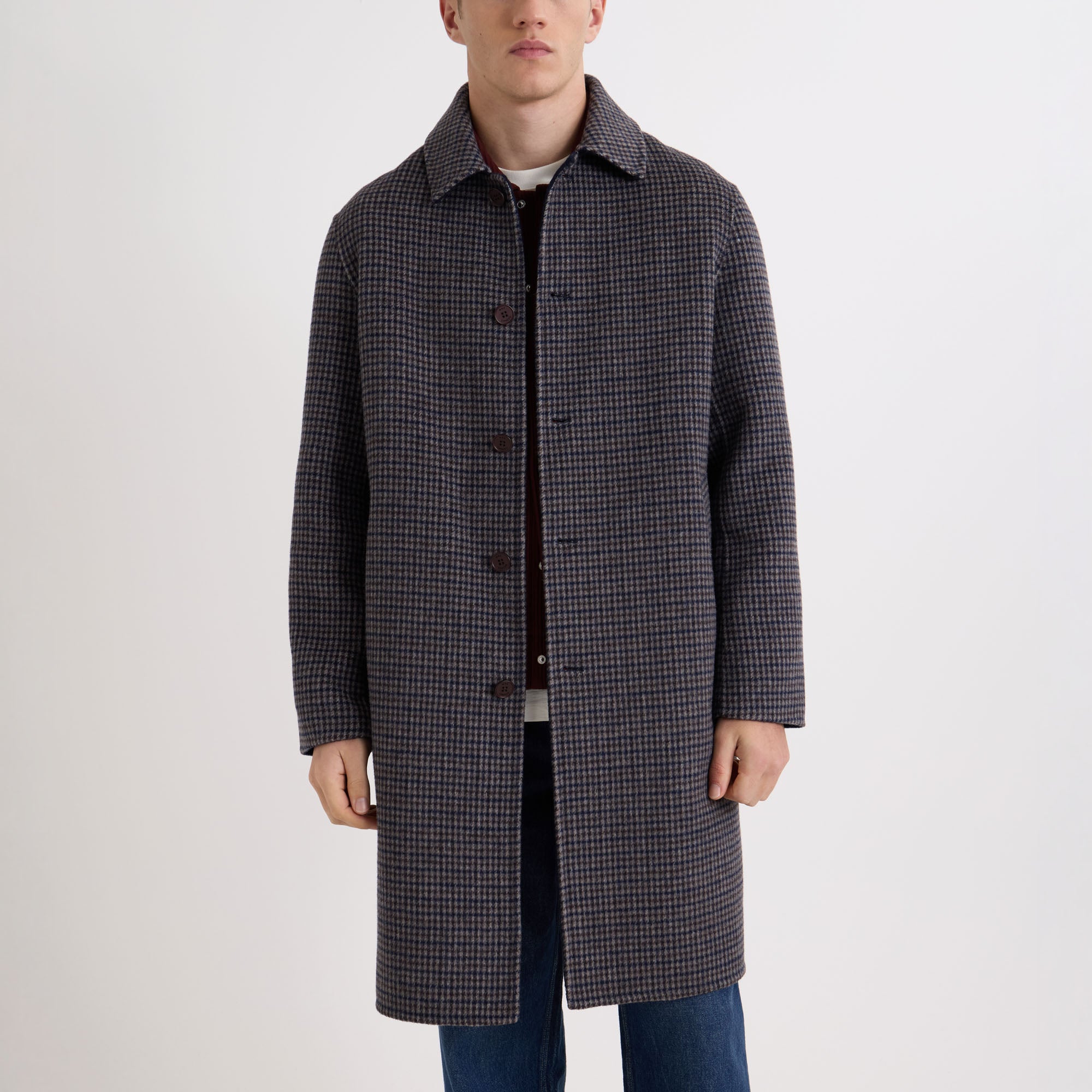 WAX LONDON Stan Double Face Check Wool Coat in Navy/Brown Blue