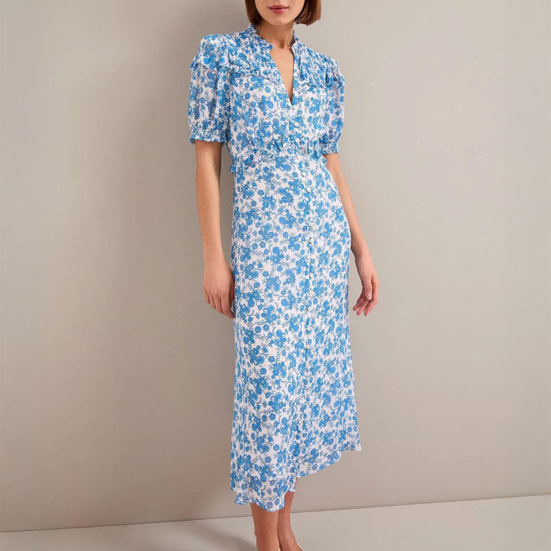 CEFINN Viola Maxi Dress in White/Blue Paisley Print