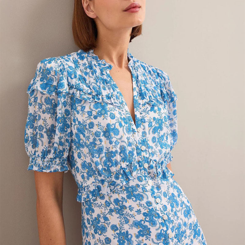 CEFINN Viola Maxi Dress in White/Blue Paisley Print