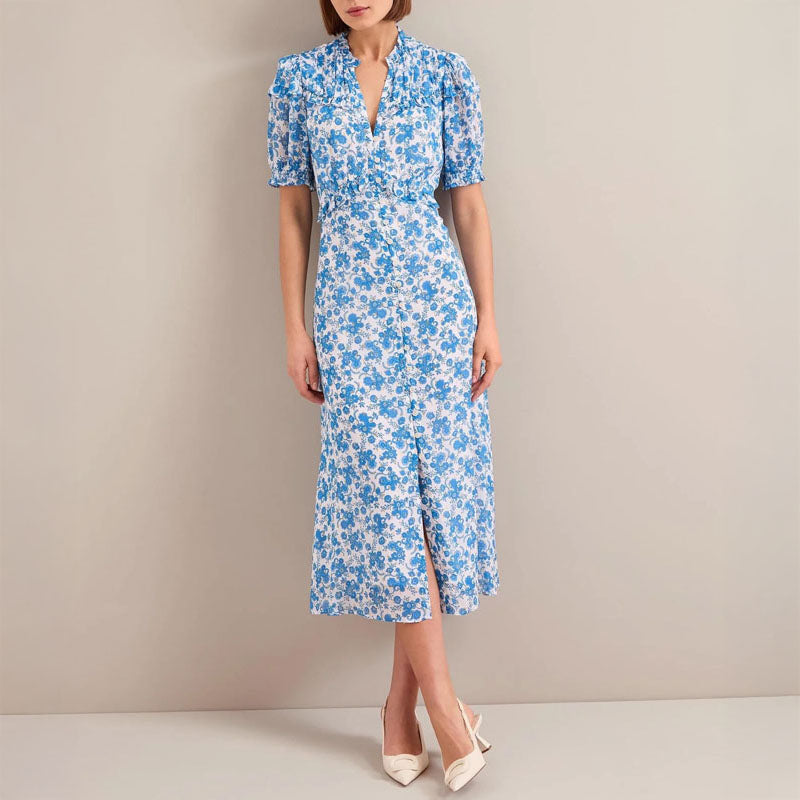 CEFINN Viola Maxi Dress in White/Blue Paisley Print