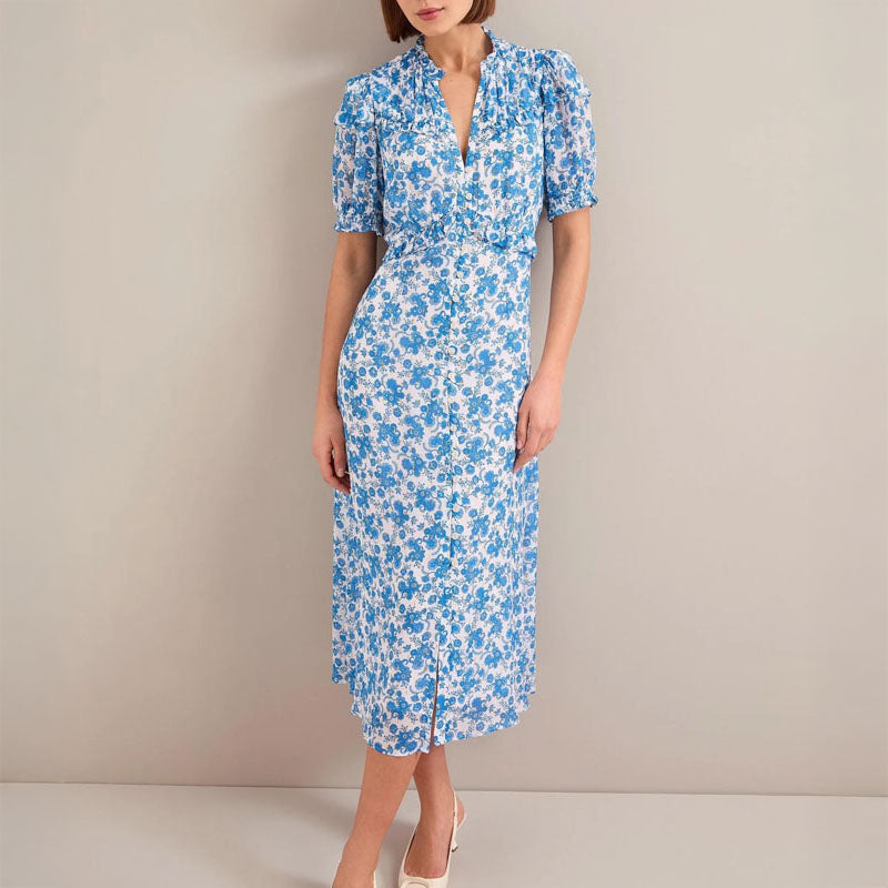 CEFINN Viola Maxi Dress in White/Blue Paisley Print