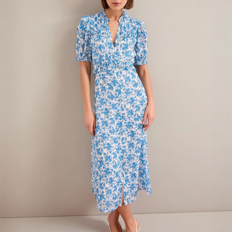 CEFINN Viola Maxi Dress in White/Blue Paisley Print