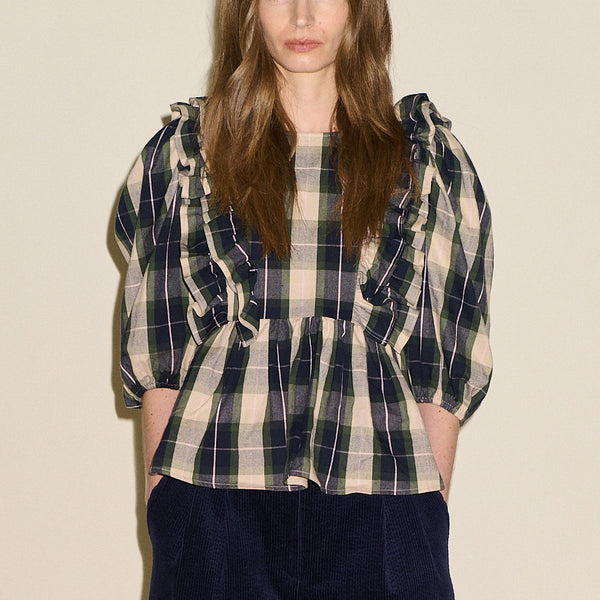 SAMDI Beatrice Ruffle Blouse in Check