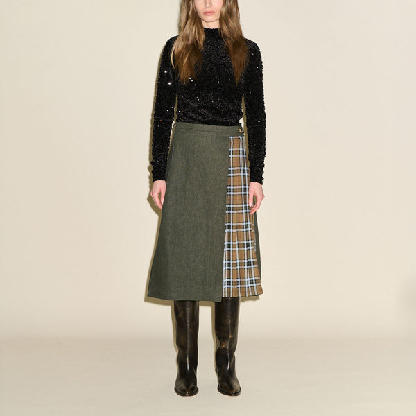 SAMDI Stella Tartan Pleat Wrap Skirt in Olive