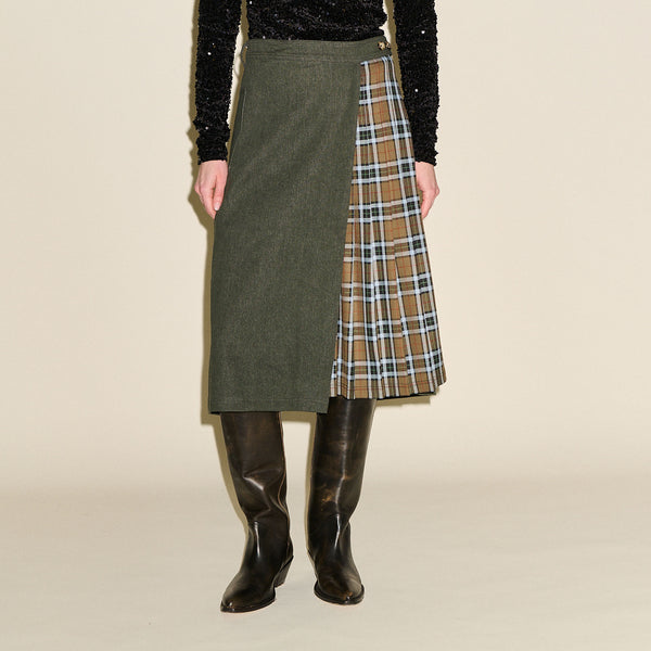 SAMDI Stella Tartan Pleat Wrap Skirt in Olive