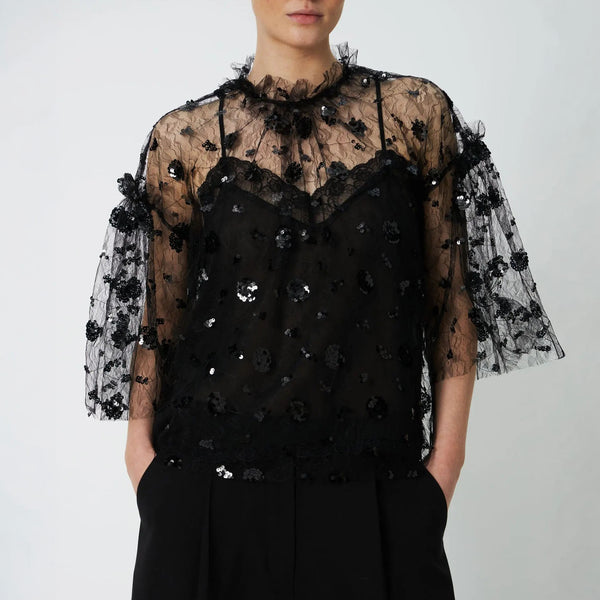 STELLA NOVA Sequins Sheer Mesh Blouse with Camisole in Black
