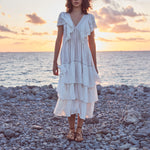 FAUNE Seville Cotton Lurex Dobby Stripe Dress in Vintage White