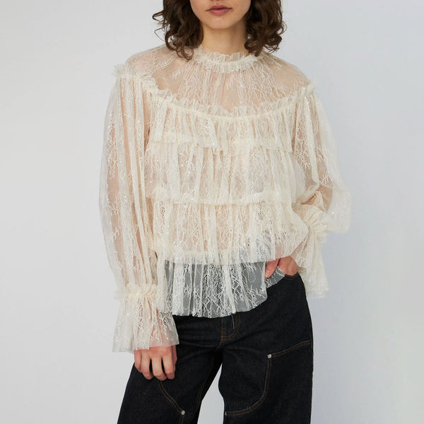 STELLA NOVA Sheer Frill Lace Blouse in Creme