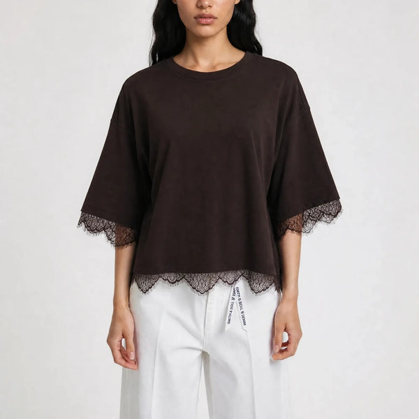 SMITH & SOUL Boxy Lace Hem T Shirt in Off White