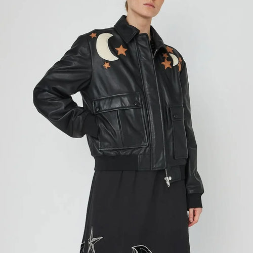 STELLA NOVA Starlight Leather Bomber Jacket  in Black