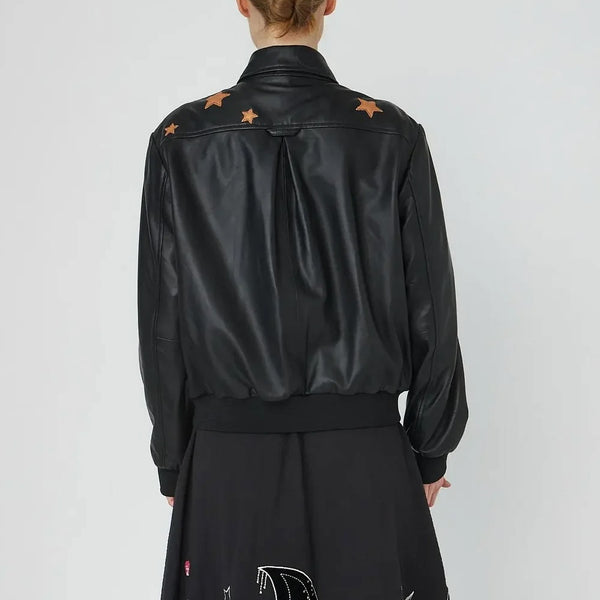 STELLA NOVA Starlight Leather Bomber Jacket  in Black