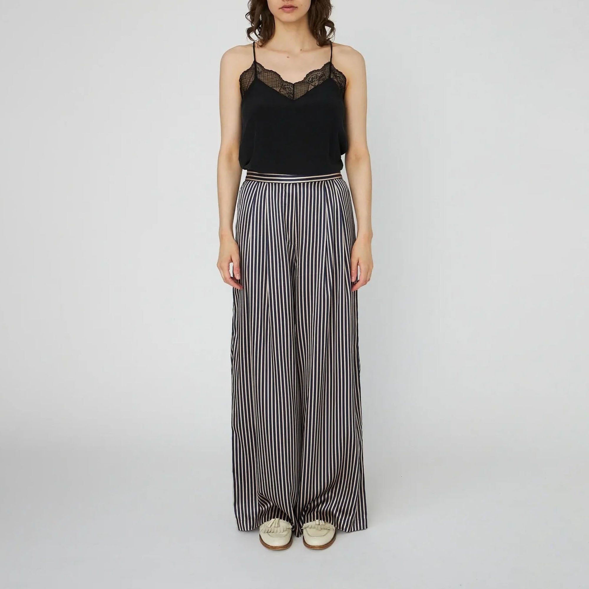 STELLA NOVA Striped Silk Mid Waist Pants in Creme Blue Stripes