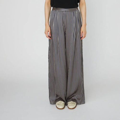 STELLA NOVA Striped Silk Mid Waist Pants in Creme Blue Stripes
