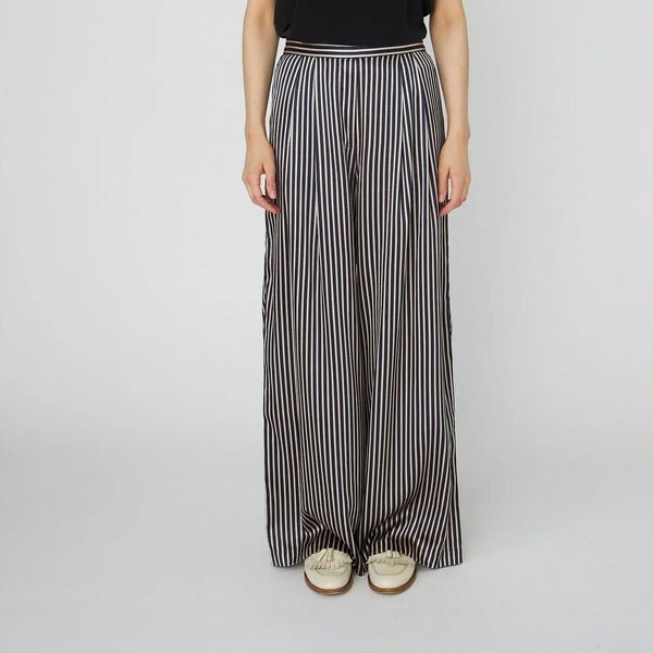 STELLA NOVA Striped Silk Mid Waist Pants in Creme Blue Stripes