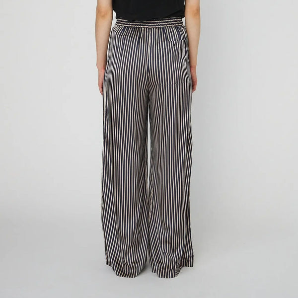 STELLA NOVA Striped Silk Mid Waist Pants in Creme Blue Stripes
