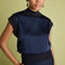 FLORERE Sleeveless Satin Top with Knit Rib Detail in Navy