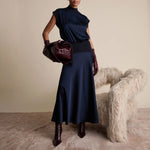 FLORERE Sleeveless Satin Top with Knit Rib Detail in Navy