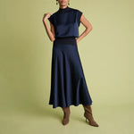 FLORERE Sleeveless Satin Top with Knit Rib Detail in Navy