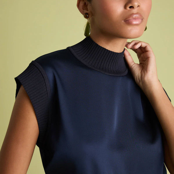 FLORERE Sleeveless Satin Top with Knit Rib Detail in Navy